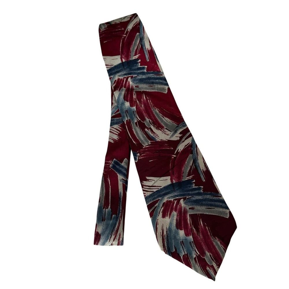 Burma Bibas Mens Silk Tie Burgundy Grey Blue Abstract Brushstroke Wide Geometric